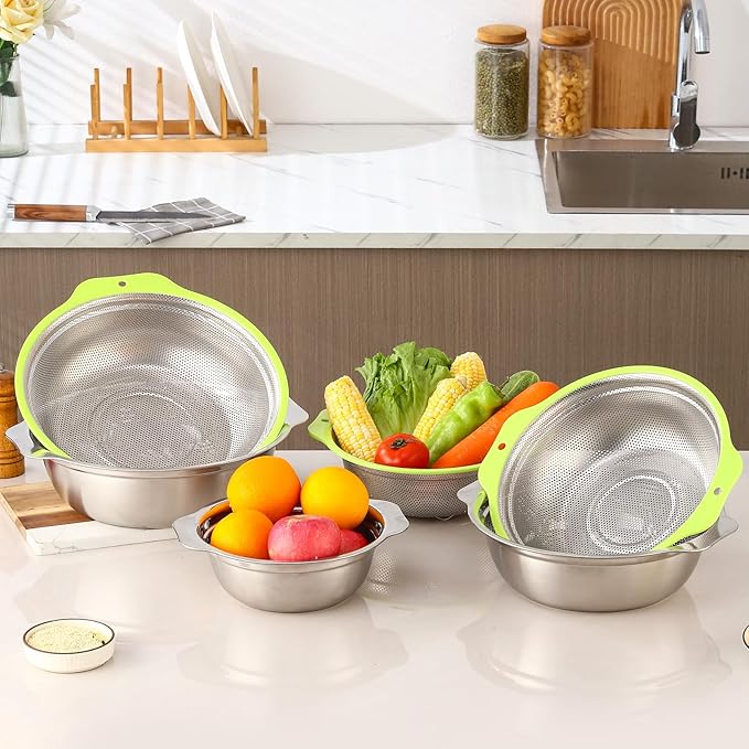 Colander Stainless Steel Microporous, 4QT Large Capacity Rice Strainer with Mixing Bowl, Rice Washing Bowl Set with Handle, Food-Grade Strainers and Colanders for Kitchen, Dishwasher Safe