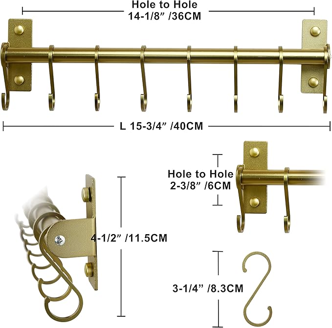 Dseap Kitchen Utensil Holder Hanger, Pot and Pan Rack Wall Mounted, Kitchen Rail with 8 Hooks for Hanging Cooking Utensils, Mugs, Spoons, Wall Mounted, Champagne Color, Pack of 2