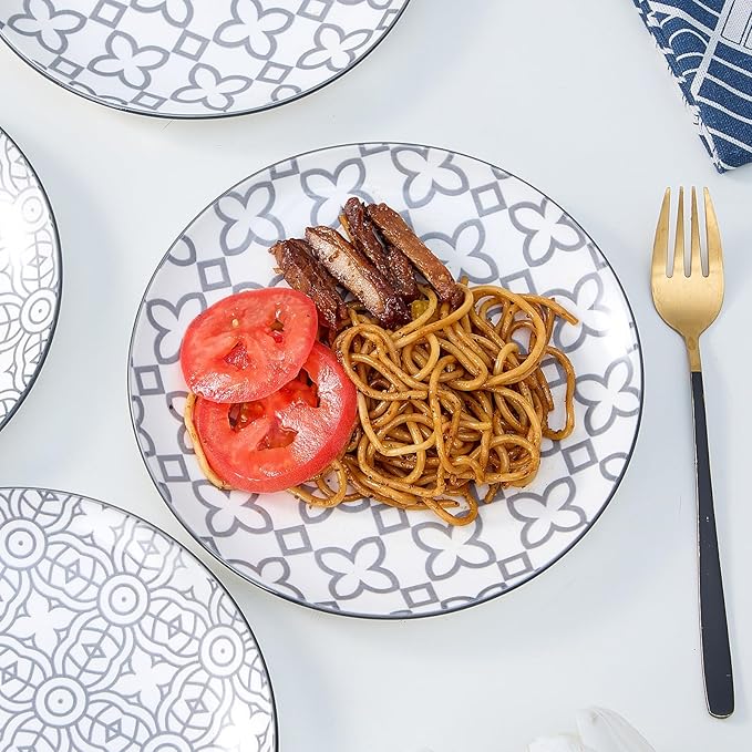 bestone 7.5 Inch Porcelain Salad Plates Set, Porcelain Dessert/Salad Plate，Classic Round with Wide Rim, Lead-Free,Dishwasher, Microwave, Freezer, Oven Safe, for Everyday Use-Set of 4，Grey