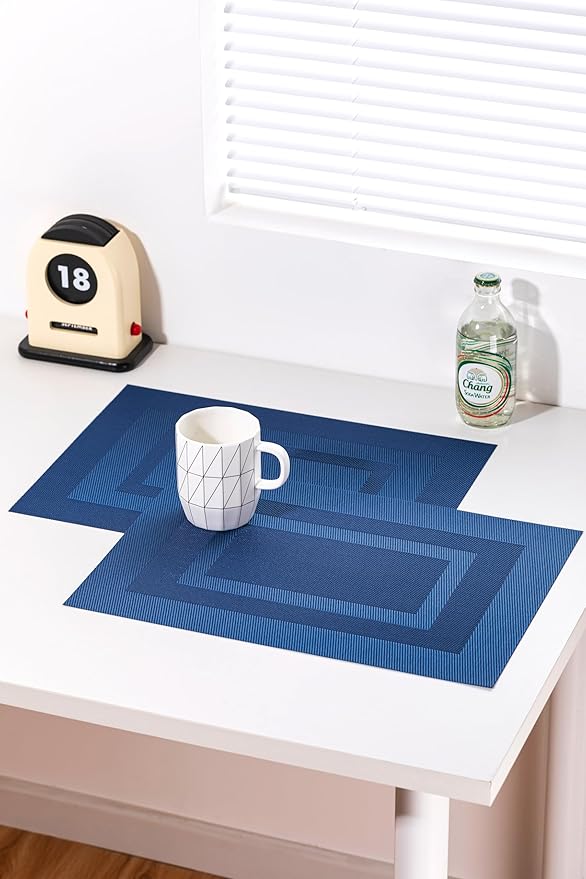 LEXMORE Placemats Set of 8 Vinyl/Plastic Woven Place Mats for Kitchen Table Indoor/Outdoor Washable Placemat Wipeable Dining Table Mats(Navy Cube)