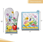 Maison d' Hermine 100% Cotton Oven Mitt & Pot Holder Set (7.5"x13" & 8"x8") Heat Resistant BBQ Cooking Gloves with Loop, Baking, Grilling, Kitchen, Handling Hot Pans Spring/Summer (Giverny)