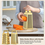 Sawysine 5 Pcs Gold Kitchen Appliances Includes 5 Quart Gold Colander and 2 Pcs Strainer Set, Lemon Squeezer, Stainless Steel 4 Sides Grater Slicer with Handle for Kitchen