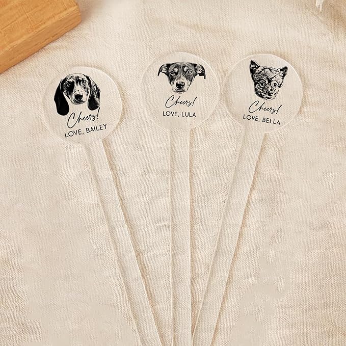 Personalized Dog Drink Stirrers, Custom Wedding Pet Illustration Acrylic Sticks for Wedding Cocktails, Unique Party Favors & Reception Decor Style 1