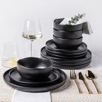 TheTerra Ceramic Dinnerware Sets for 4, 12 Pieces Porcelain Lightweight Plates and Bowls Sets, Scratch Resistant Dish Set, Oven & Microwave & Dishwasher Safe, Black