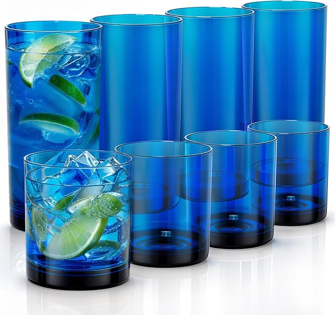 Zulay Kitchen Acrylic Glasses Drinkware - 8 Piece Unbreakable Plastic Tumblers - BPA-Free, Reusable Plastic Drinking Glasses for Home & Outdoors - Stackable, Lead-Free, Dishwasher Safe, Blue (12&16oz)