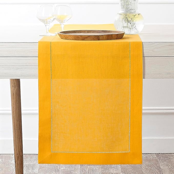 D'Moksha Homes Linen Sunflower Yellow Table Runner 90 Inches Long - Classic Hemstitch 100% Pure Linen Dining Table Runner 14 x 90 Inch for Summer, Fall and Halloween