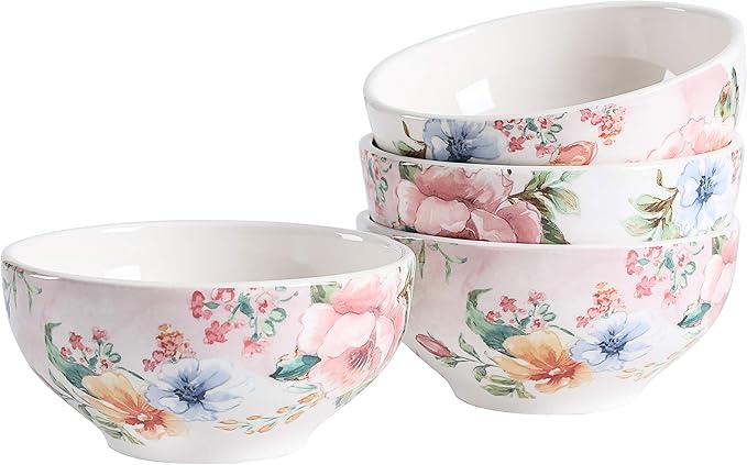 Bico Margret's Garden Cereal Bowls Set of 4, 24 oz Deep Ceramic Soup Bowls for Cereal, Salad, Noodles, Kitchen, Microwave and Dishwasher Safe, Gift for Housewarming and Thanksgiving