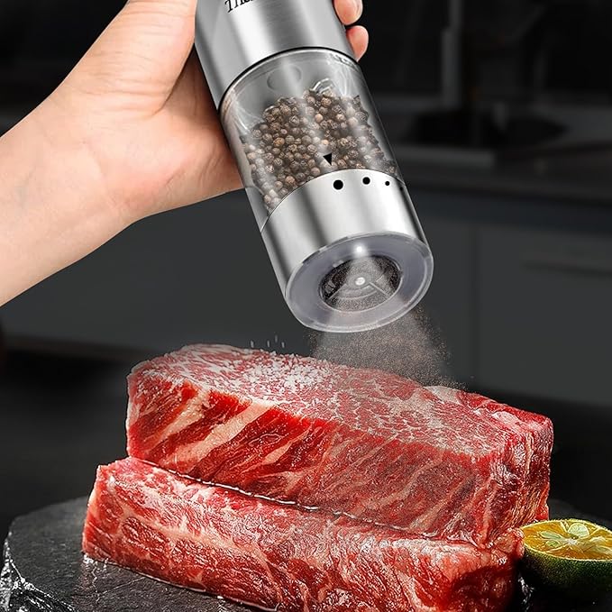 Upgraded Electric Salt and Pepper Grinder Set Automatic with Adjustable Grinding Speed and Externally Adjustable Coarseness, Rechargeable Pepper Grinder with USB Charging Base and LED Light