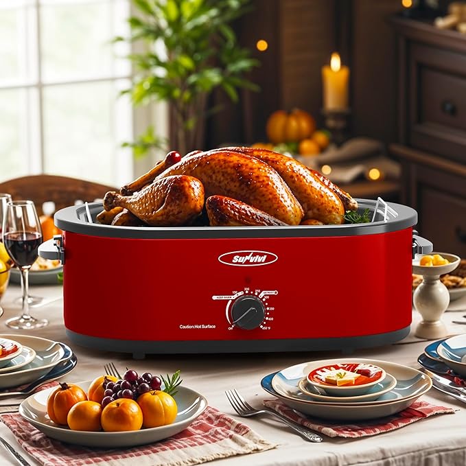 Sunvivi 18-Quart Roaster Oven with Self-Basting Lid, Electric Turkey Roaster Oven with Removable Pan and Rack, Stainless Steel, Red