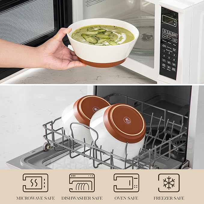 MALACASA Soup Bowls, Ceramic Salad Bowls Set of 4, 35oz Ceramic Bowls for Ramen, Cereal, Fruit and Pho, Microwave & Dishwasher Safe, Speckled Deep Bowls, Vanilla White & Brown