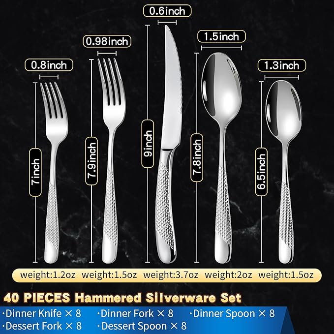 Lemeya 40-Piece Hammered Silverware Set for 8 with Serrated Forging Knives,18/10 Stainless Steel Modern Flatware Set,Unique Cutlery Set Spoons and Forks Set,Mirror Polished,Dishwasher Safe