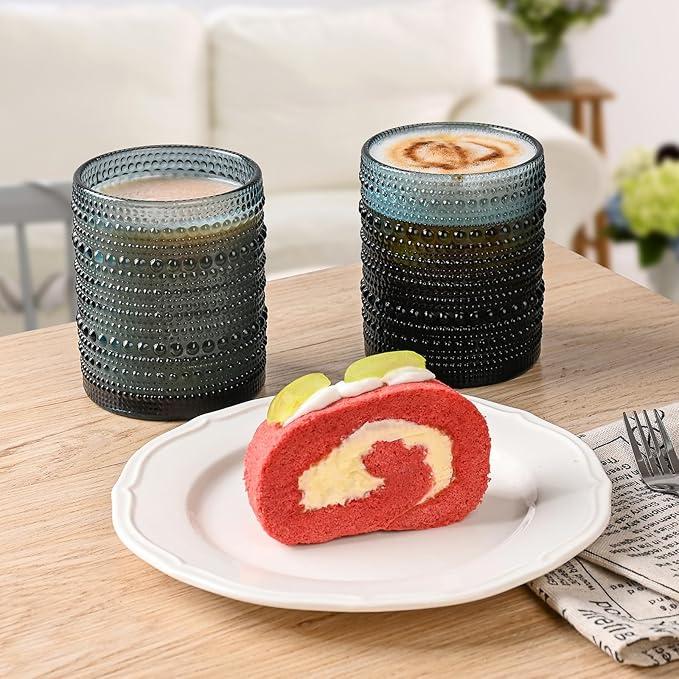 Vintage Glassware Drinking Glasses Set of 6,12 oz Hobnail Glass Cups,Embossed Blue Water Tumbler,for Beer,Cocktail,Whiskey,Juice and Various Mixed Drinks- 1 Cleaning Brush