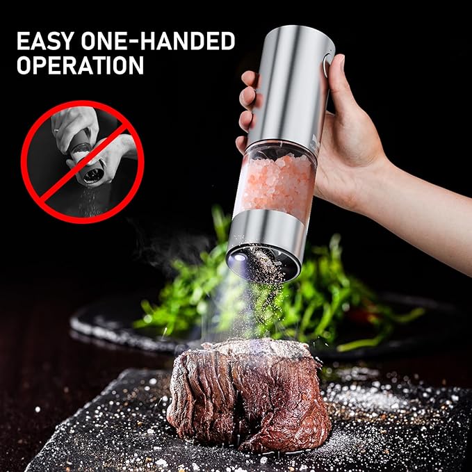 Electric Salt and Pepper Grinder Set with Easy-to-Carry Charging Base and LED Light, Automatic Salt and Pepper Grinder Set, USB Rechargeable, Adjustable Coarseness, Washable Container