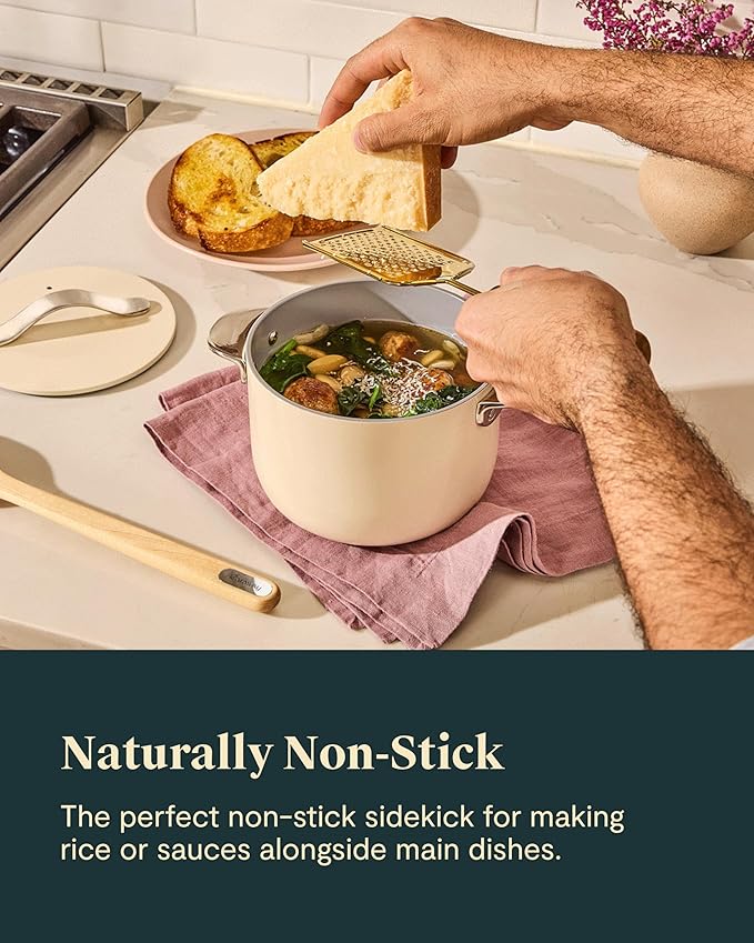 Caraway Petite Cooker - 2 Qt Ceramic Coated Pot - Free From Forever Chemicals - Perfect for Rice, Grains, or Sauces - White