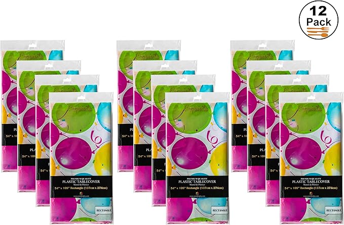 Party Solids 12 Pack Premium Quality Balloon Design Plastic Tablecloth - 54 Inches by 108 inches of Fabulous Rectangle Birthday Tablecloth with Balloon Design for 8 Foot Party Table…