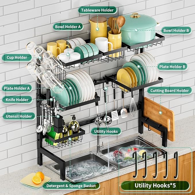 Over The Sink Dish Drying Rack,Expandable Length 3-Tier Large Stainless Steel Over The Sink Dish Rack with 6 Baskets, Utensil Holder Dish Drainers for Kitchen Counter