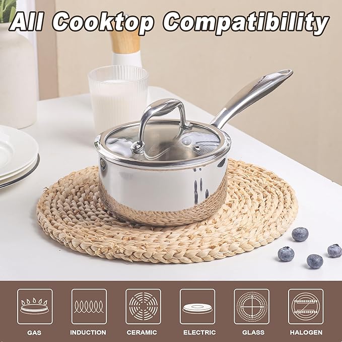 1-Quart Saucepan with Lid, Tri-Ply Stainless Steel Pot with Stay-Cool Handle & All Cooktop Compatibility (Gas, Ceramic, Electric) - Silver