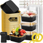 100 Pack Mini Cake Pans with Lids and Spoons, 5oz Square Aluminum Foil Loaf Pans Black Gold Small Cake Tins Disposable Baking Pans Dessert Cupcake Cups with Ribbon for Wedding Birthday Party Picnics