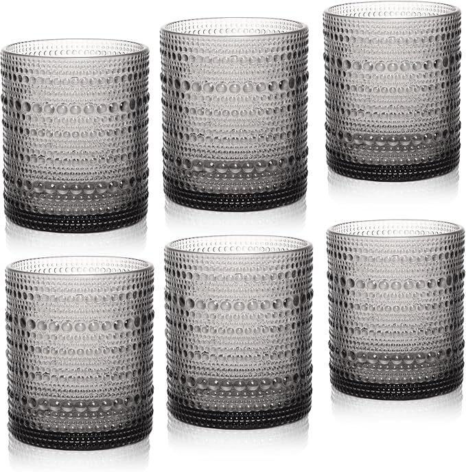 Cocktail Glasses 10 oz Hobnail Drinking Glasses Set of 6, Vintage Glassware, Textured Glass Cups Bubble Glasses Water Glasses Old Fashion Jupiter Glasses Set, Grey