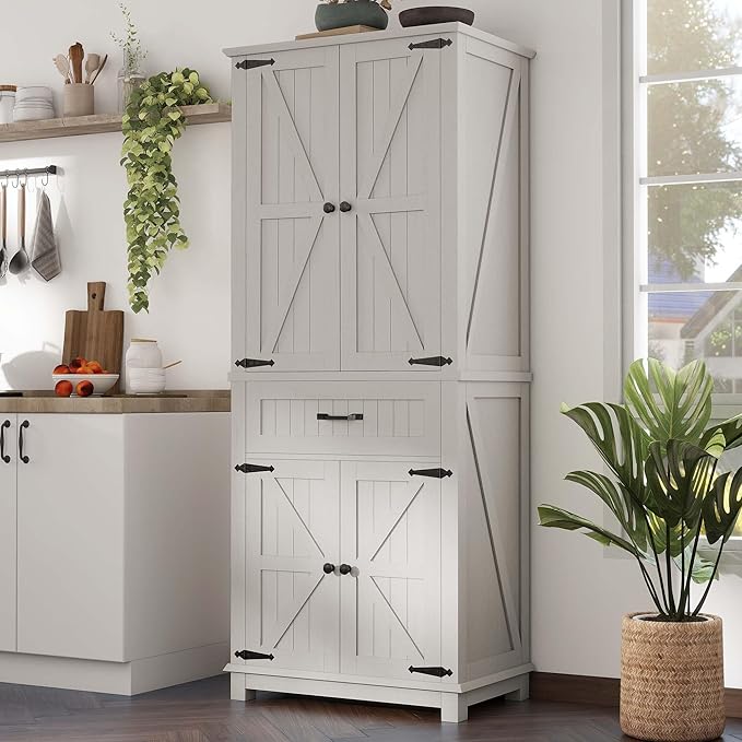 DWVO 72" Tall Farmhouse Pantry Cabinet, Kitchen Storage Pantry with Barn Doors & Drawer, Versatile Organizer with Adjustable Shelves, Rustic Cupboard for Dining Room, Living Room, White Oak