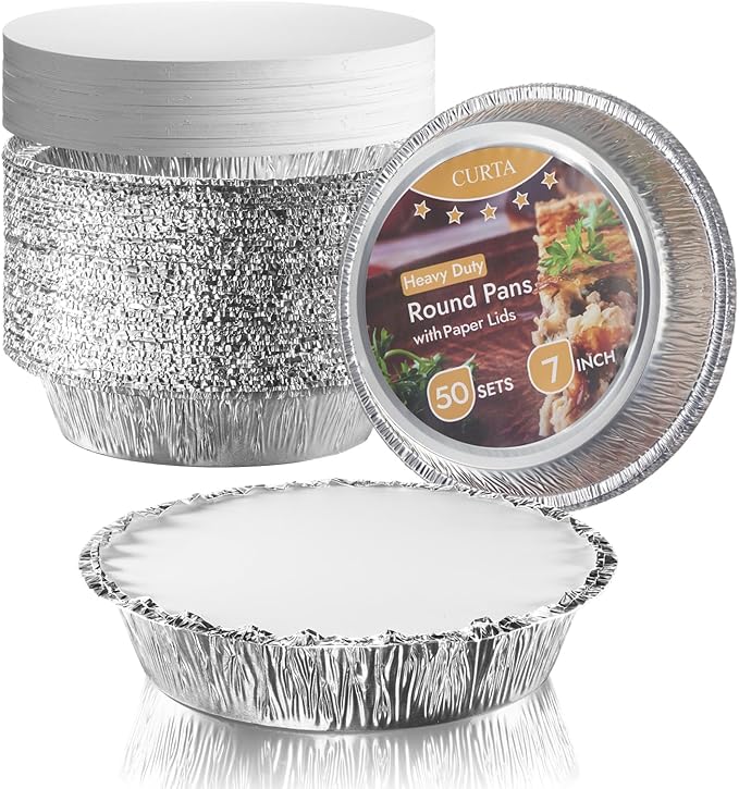 CURTA 50 Pack 7" Disposable Aluminum Foil Pans with Paper Lids | Great for Broiling, Baking, Storage, Roasting, Takeout, Air Fryer