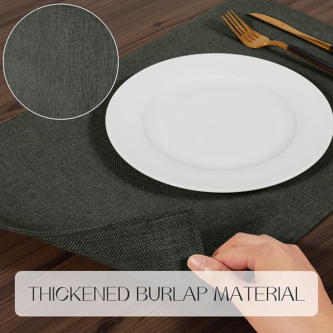 Romanstile Cloth Placemats Set of 8-12 x 18 Inch, Heat Resistant Double Layered Thickened Burlap Place Mats, Washable Faux Linen Farmhouse Table Mats for Kitchen/Dining/Party/Outdoor, Dark Grey
