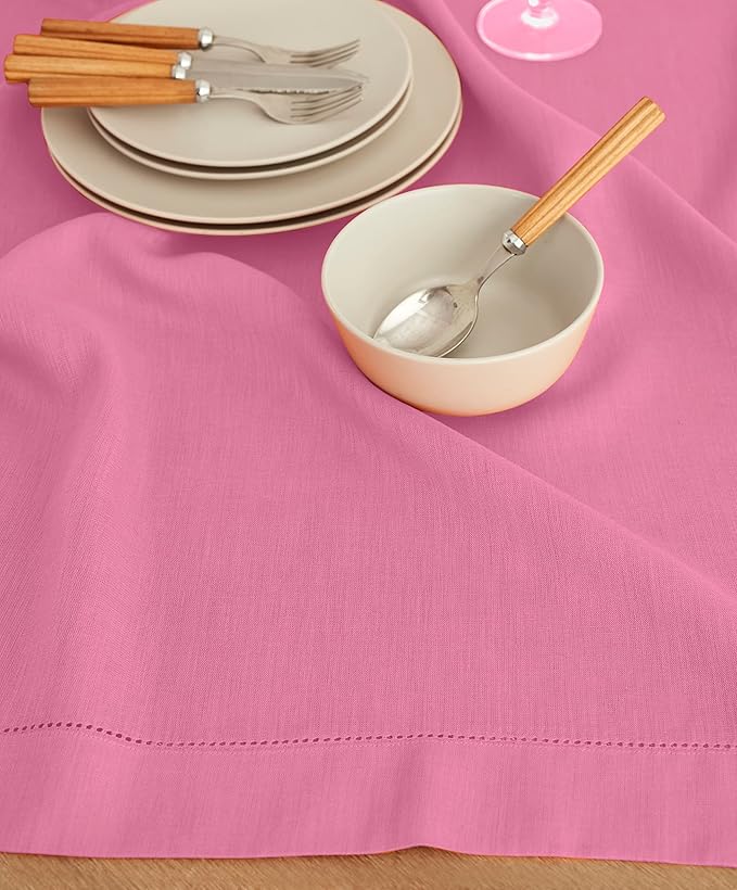 Solino Home Square Linen Tablecloth 52 x 52 Inch - 100% Pure Linen Flamingo Pink Table Throw - Classic Hemstitch, Machine Washable Table Cloth for Summer, Halloween
