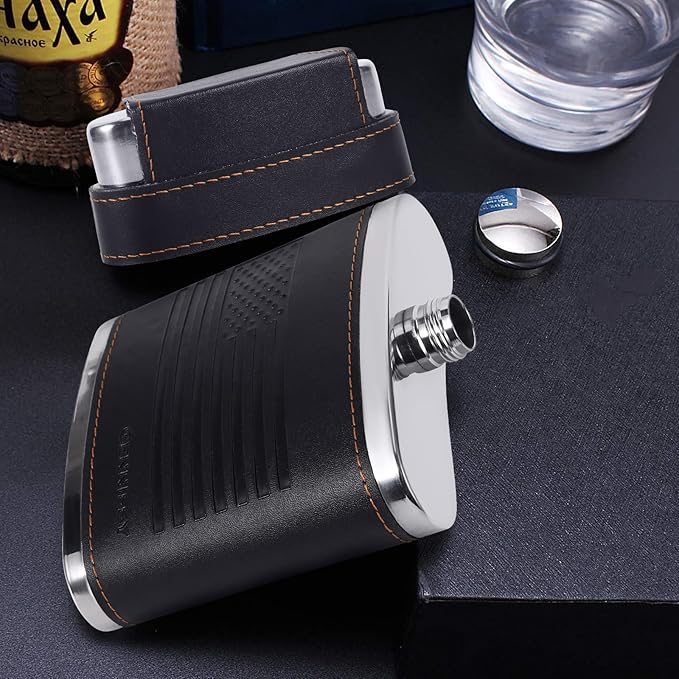 GENNISSY 8oz Hip Flask for Men - 304(18/8) Stainless Steel Bourbon Whiskey Flask, Leakproof with American Flag Leather Wrap - Includes Funnel & 3 Mini Cups for Gifts Travel
