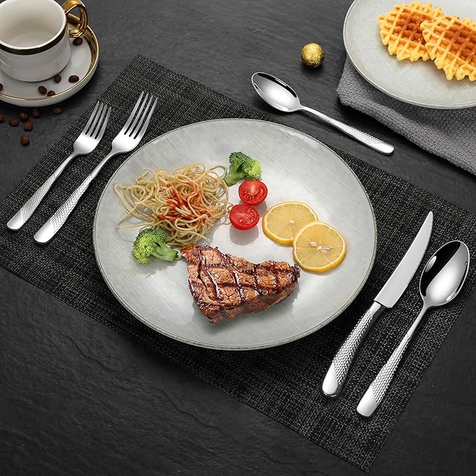 Lemeya 40-Piece Hammered Silverware Set for 8 with Serrated Forging Knives,18/10 Stainless Steel Modern Flatware Set,Unique Cutlery Set Spoons and Forks Set,Mirror Polished,Dishwasher Safe