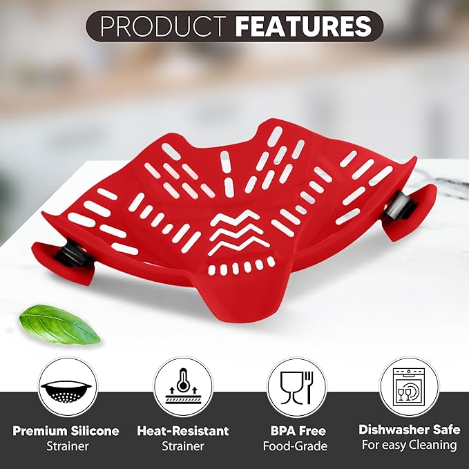 Clip On Strainer, Pot Strainer for Pasta, Vegetables, Fruit and Meat- Kitchen Silicone Strainer Colander for All Pots, Pans and Bowls (Red)