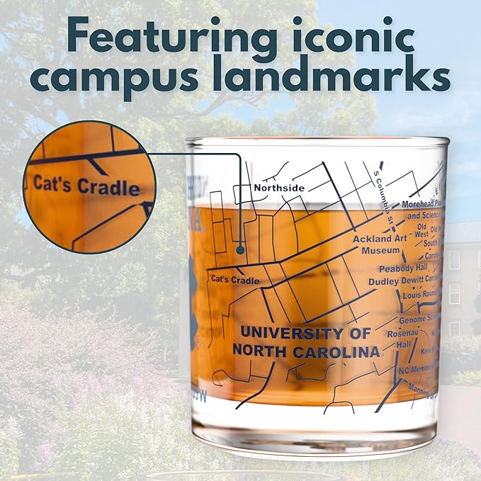 Greenline Goods – University of North Carolina Tar Heels College Whiskey Glasses (Set of 2), 10 oz – Full-Color Logo + Campus Map