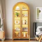 Arch Storage Cabinet with Tempered Glass Door, 71” Arched Display Floor Cabinet, 5 Tier Farmhouse Buffet with Storage for Dining Room, Living Room, Home Office or Kitchen(Oak)