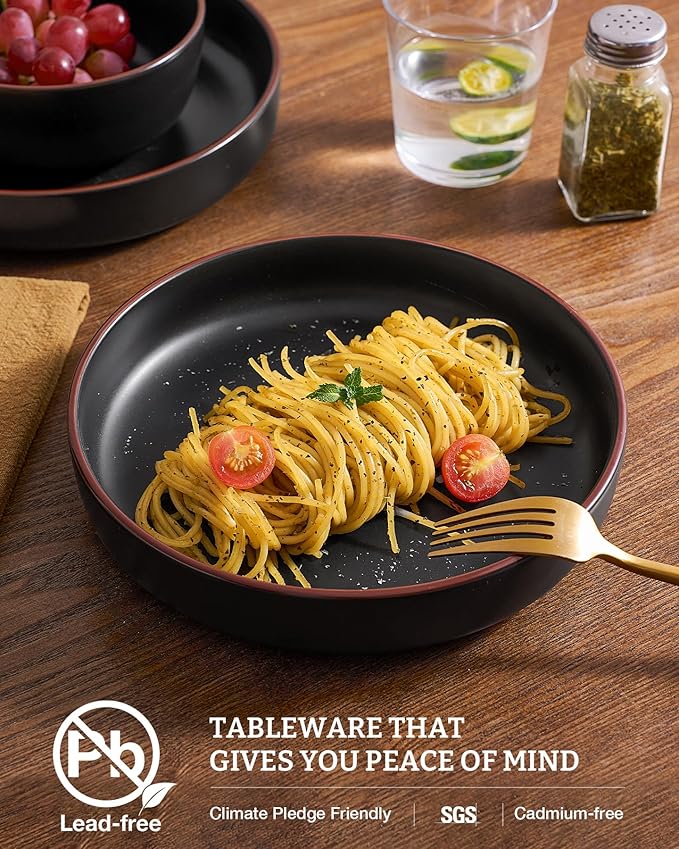 famiware Mercury Pasta Bowls Set of 4, 33 oz Large Salad Bowls, Ceramic Pasta Plates Bowls, Serving Bowls for Kitchen, Microwave & Dishwasher Safe, Black