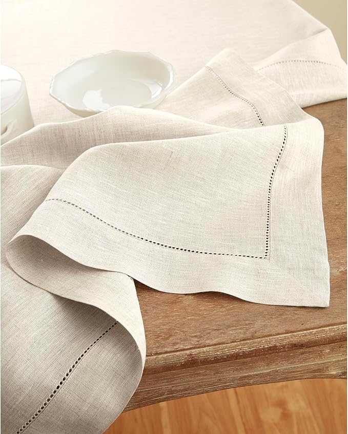 Solino Home Light Natural Linen Tablecloth 52 x 52 Inch - 100% Pure Linen Square Table Throw - Classic Hemstitch, Machine Washable Table Cloth for Summer, Fall, Autumn