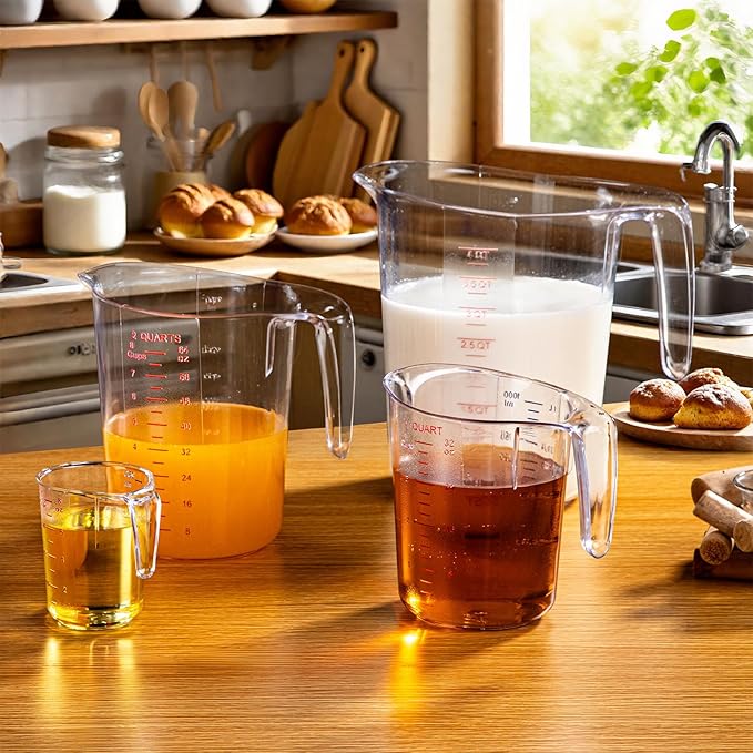 DaYammi Measuring Cups 4-Piece, Unbreakable Food-Grade Plastic Measuring Cup for Dishwasher, 16-Cup Liquid Measuring Cups for Prepping, Baking, Cooking, Readable Markings, 4-Quart/4L, Clear