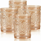 Amber Glassware set of 4, Vintage Drinking Glasses, 10oz Heavy Duty Glass Cups, Colored Glassware Set, Embossed Glasses Set for Party Wedding Home Office Gift