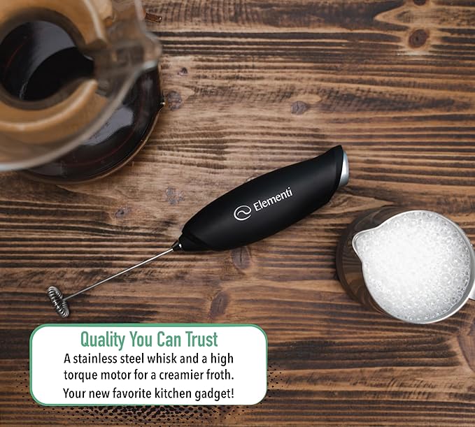Elementi Milk Frother Wand - Coffee Frother Handheld - Drink Mixer - Coffee Mixer Wand - Cold Foam Maker - Electric Stirrer for Drinks (Silver)