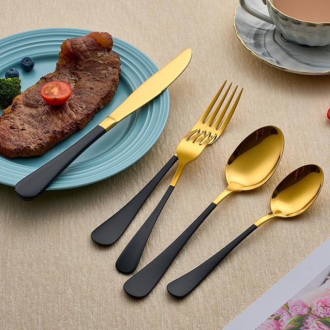 20-Piece Black and Gold Silverware Set 18/0 Stainless Steel Silverware Set Black Handle Cutlery Set Service for 4 Dinner Knives Forks Spoons Set Flatware Set Finish Dishwasher Safe