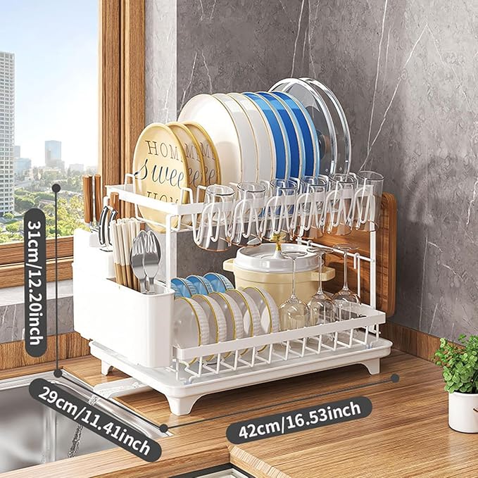 Kitchen Dish Drying Rack, Large 2-Tier Dish Drying Rack with Draining Board, Kitchen Countertop Organizer, Multi-Use Utensil Organizer and Cup Holder, White