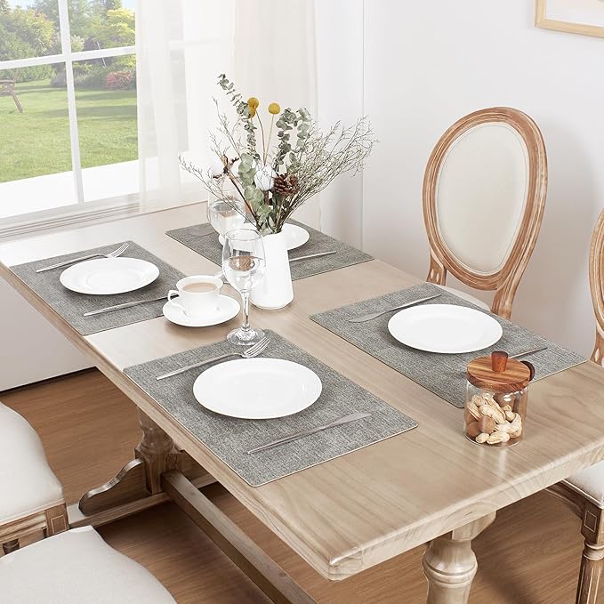 Softalker Vinyl Placemats Set of 6 - Faux Leather Heat Resistant Place Mats, 100% Waterproof Oilproof Wipe Clean Table Mats for Indoor & Outdoor Use, 17’’×12’’, Light Grey