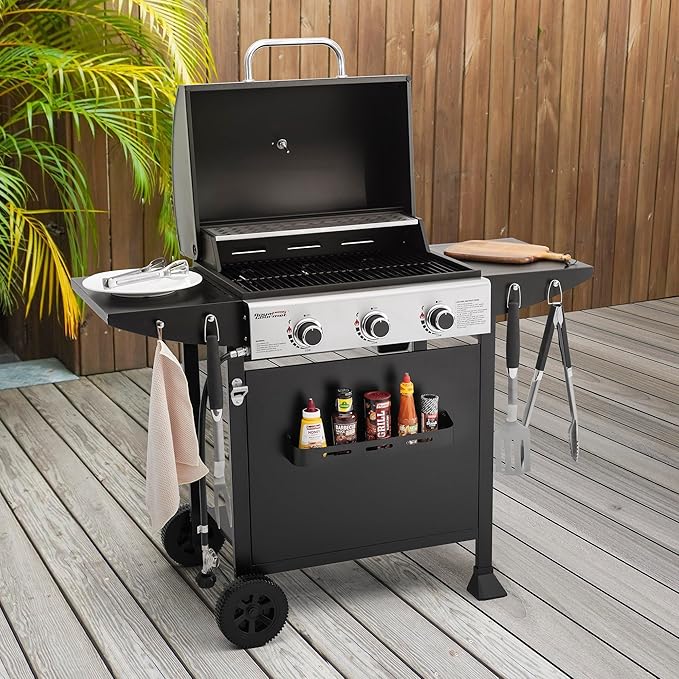 Royal Gourmet GH3001H 3-Burner Propane Gas Grill with Warming Rack, Outdoor BBQ Grill with 30,000 BTUs Output & 496 Sq. In. Grilling Area for Patio, Backyard and Balcony, Black