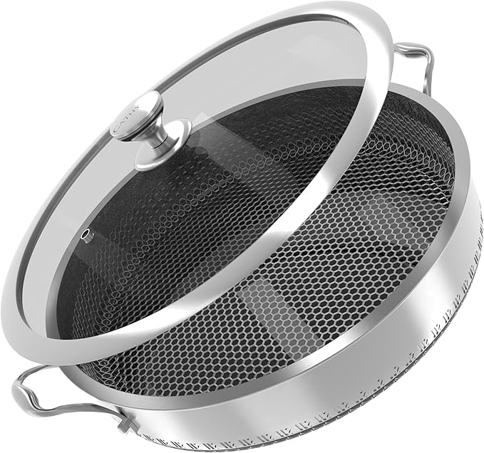 316L Stainless Steel 5QT Saute Pan Hexagon Nonstick Wok with Lid, Two Handle to Hold, PFOA Free, Dishwasher Oven Safe (12 inches,5QT)