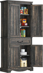 DWVO 71" Tall Kitchen Pantry Cabinet, Farmhouse Freestanding Storage Cabinet with Doors, Drawer and Adjustable Shelves for Kitchen, Living Room, Dining Room, Rustic Dark Oak