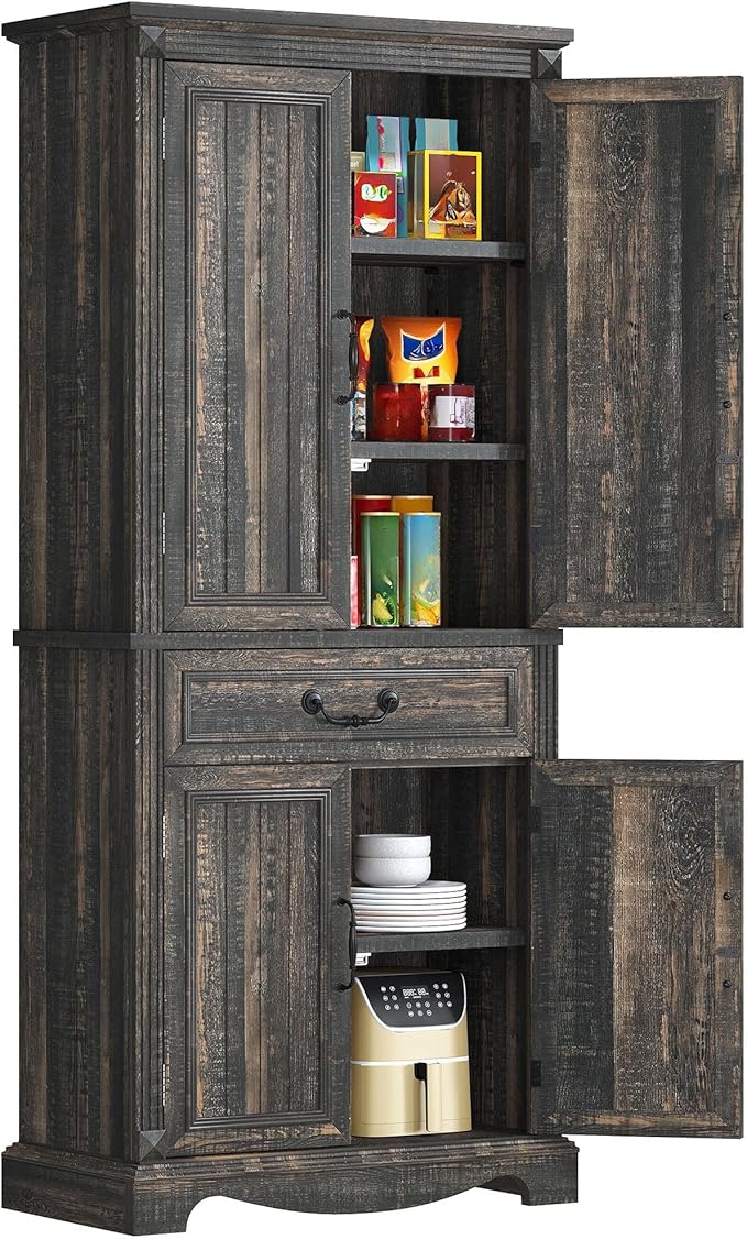 DWVO 71" Tall Kitchen Pantry Cabinet, Farmhouse Freestanding Storage Cabinet with Doors, Drawer and Adjustable Shelves for Kitchen, Living Room, Dining Room, Rustic Dark Oak