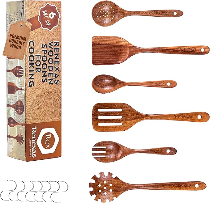 Wooden Spoons for Cooking Utensils, Natural Teak Wooden Cooking Spoons with Nonstick Spatula Set, Bamboo Kitchen Utensils With Holder, Wood Spoon Set for Kitchen Essentials (6)