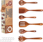 Wooden Spoons for Cooking Utensils, Natural Teak Wooden Cooking Spoons with Nonstick Spatula Set, Bamboo Kitchen Utensils With Holder, Wood Spoon Set for Kitchen Essentials (6)