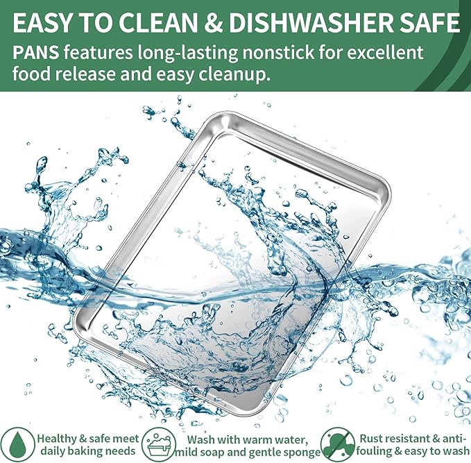 Baking Sheets Set of 2, HKJ Chef Cookie Sheets 2 Pieces & Stainless Steel Baking Pans & Toaster Oven Tray Pans, Rectangle Size 16 x 12 x 1 inch, Non Toxic & Healthy & Easy to Clean