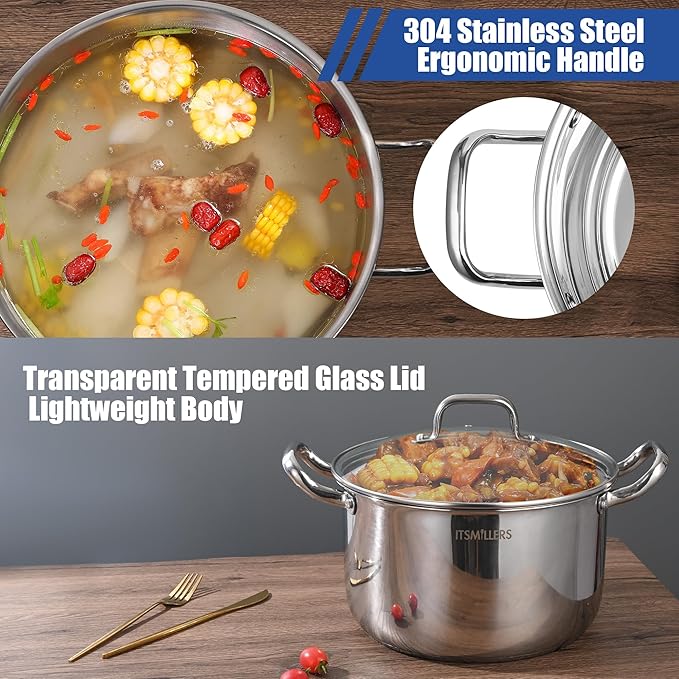 Stainless Steel Stock Pot - 8 Quart, Soup Pot Induction Compatible, Cooking Pot with Riveted Handle, Oven & Dishwasher Safe