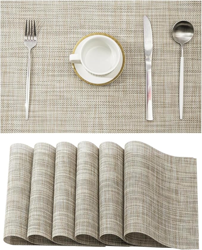 Leetaltree Linen Yellow Placemats Set of 6 - Heat Resistant Non-Slip Place mats for Dining Table, Washable Durable PVC Vinyl Woven Table Mats（Linen Yellow, 6）