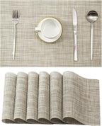 Leetaltree Linen Yellow Placemats Set of 6 - Heat Resistant Non-Slip Place mats for Dining Table, Washable Durable PVC Vinyl Woven Table Mats（Linen Yellow, 6）